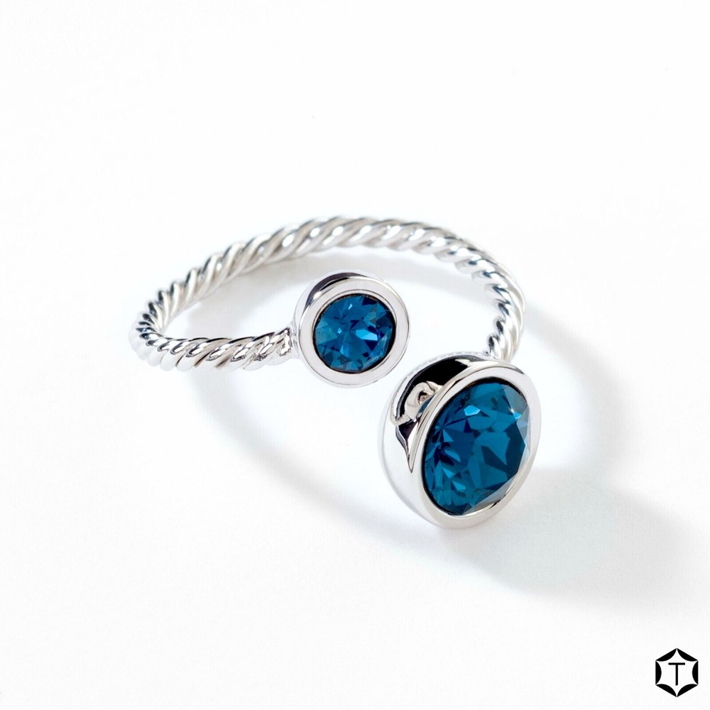 Touchstone Crystal Silver Open Ring with Deep Teal Crystals